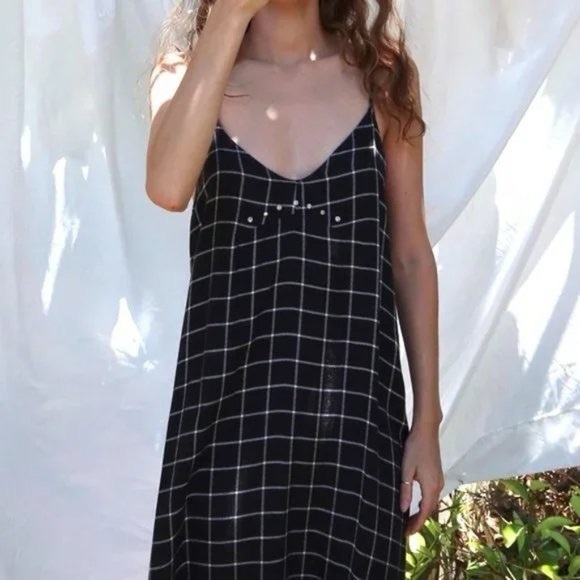 ZARA LONG PLAID FLANNEL STRAPY DRESS BLACK GRAY WHITE CHECKED STUDS S M - Picture 6 of 8